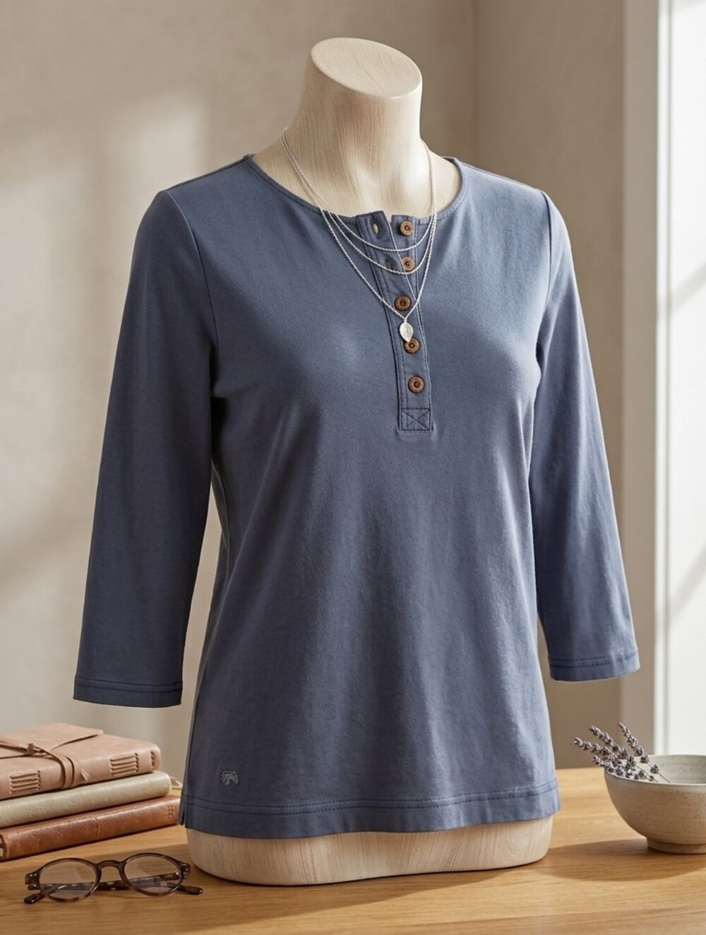 Lauren Ralph Lauren Dark Blue Cotton Henley Button-Front Top Casual Shirt Size L